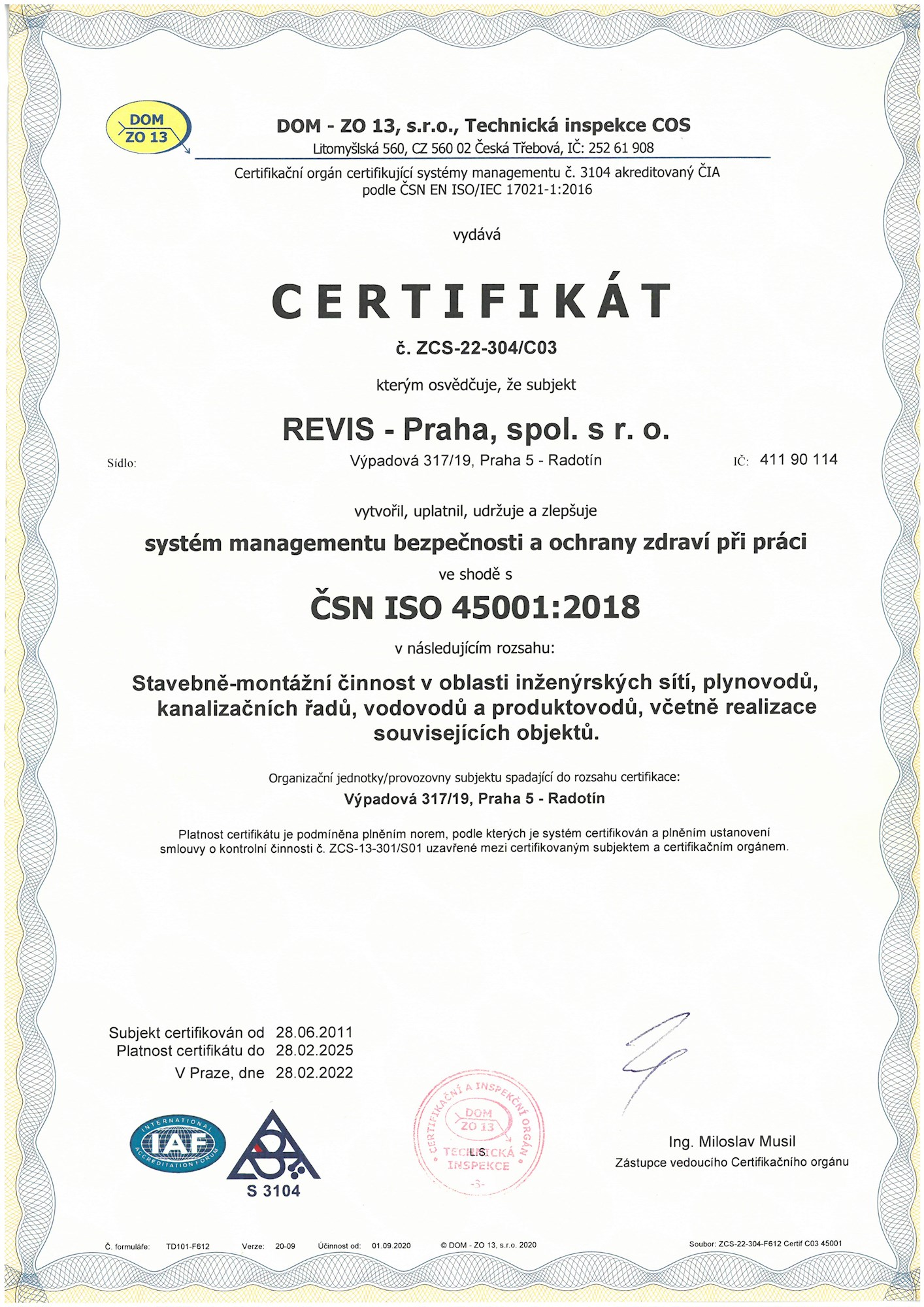Certifikát ČSN ISO 45001