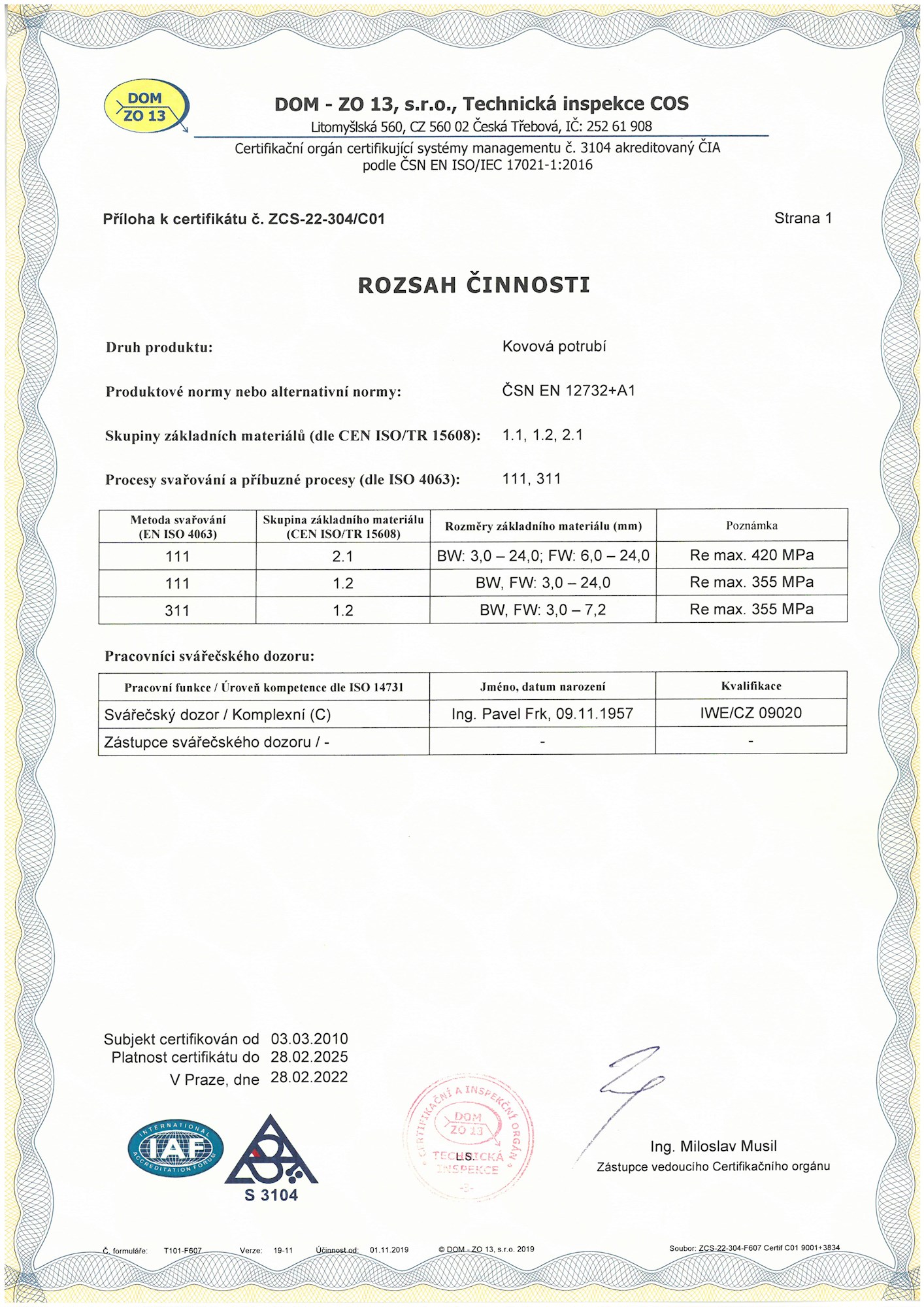 Příloha K Certifikátu ISO 9001