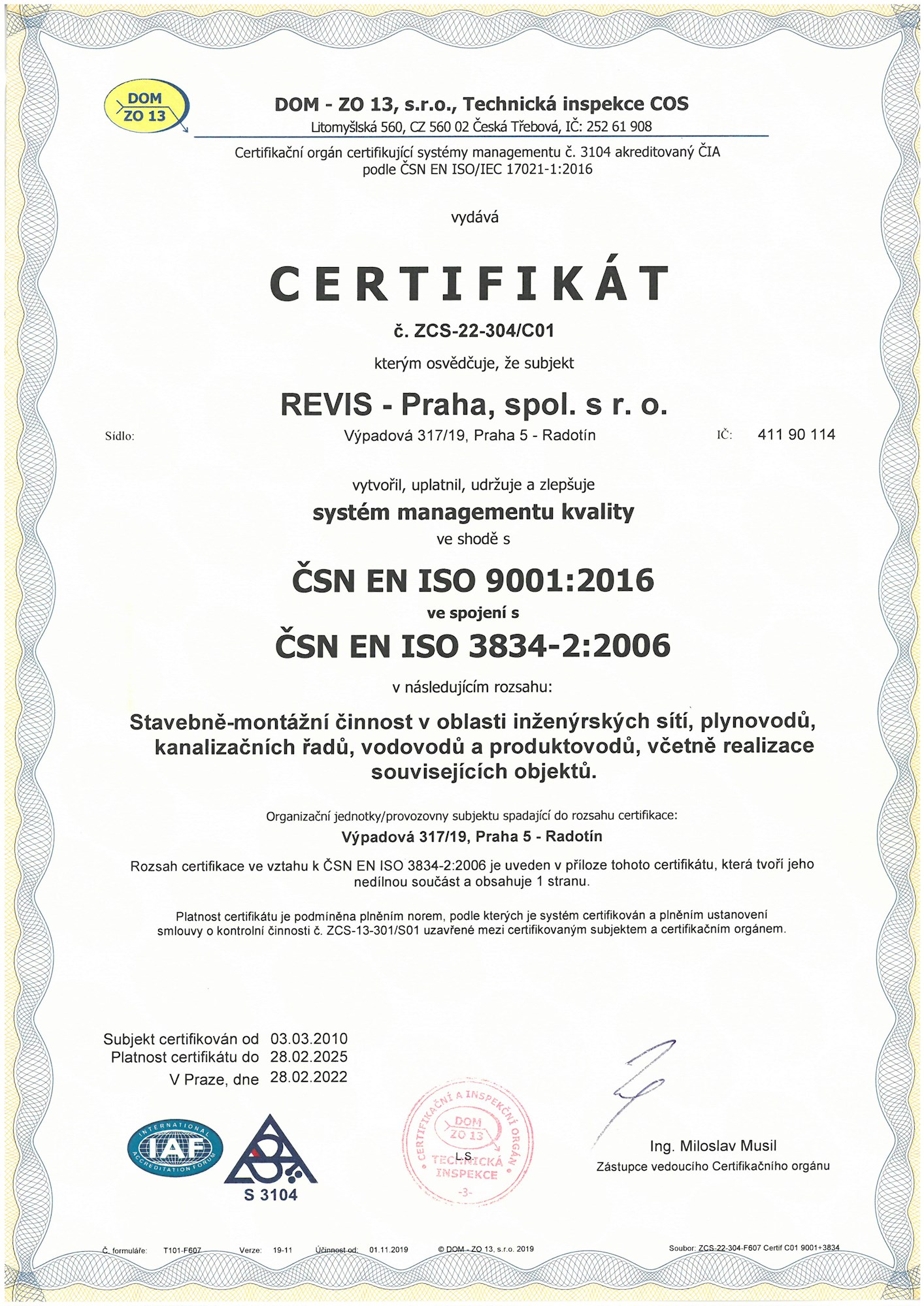 Certifikát ČSN EN ISO 9001