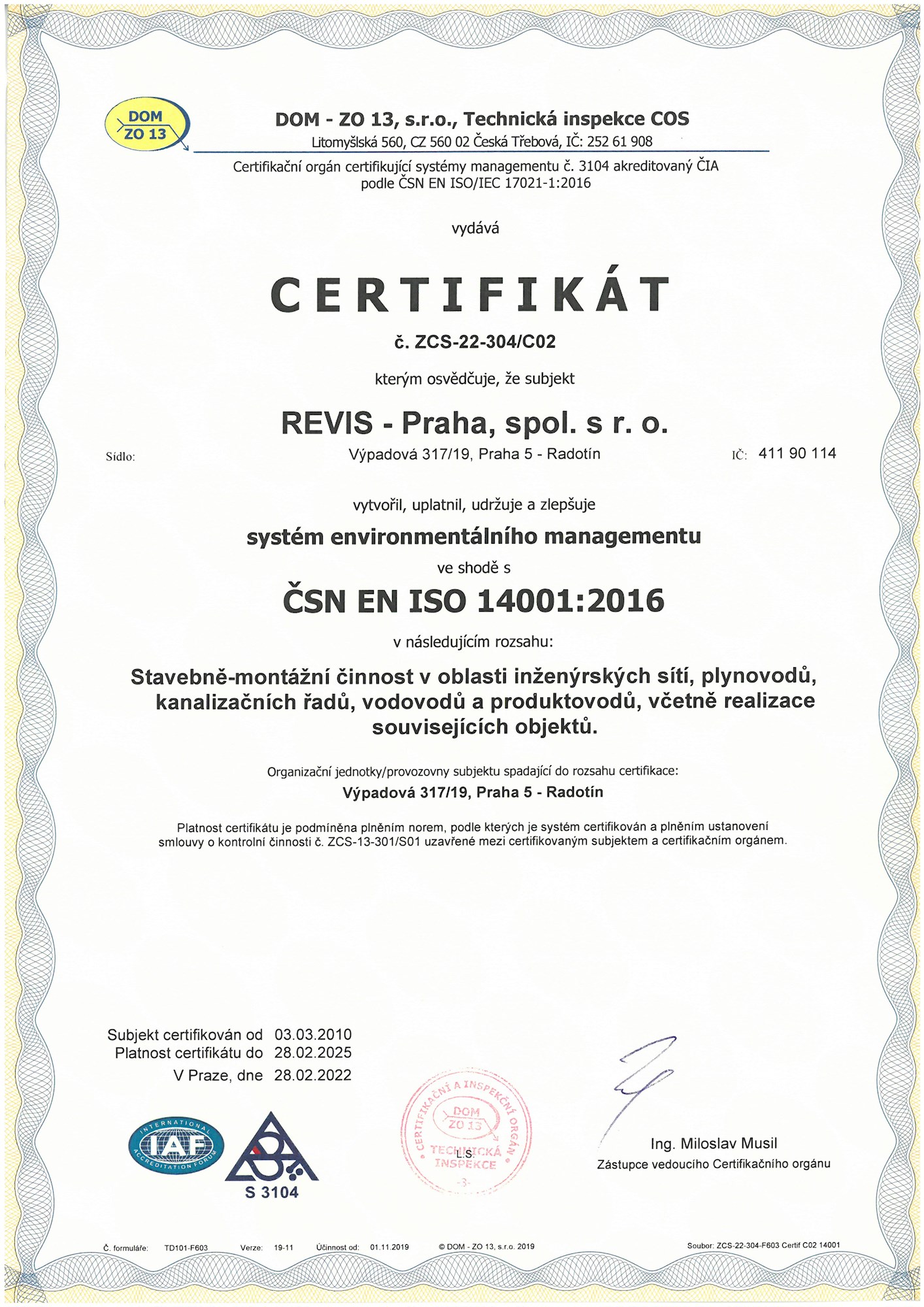Certifikát ČSN EN ISO 14001